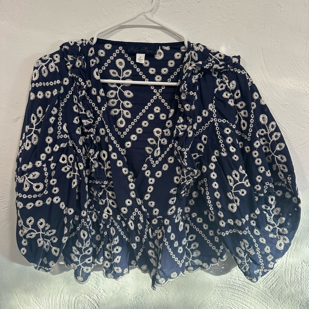 Navy and White Eyelet Wrap around Top